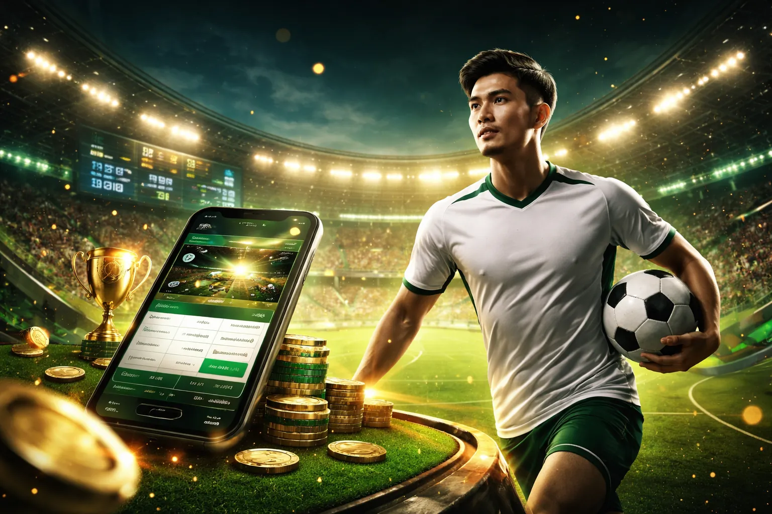 Sân vận động lớn với trận đấu bóng đá đang diễn ra, ánh đèn rực rỡ và logo 99win Thiên Đường.